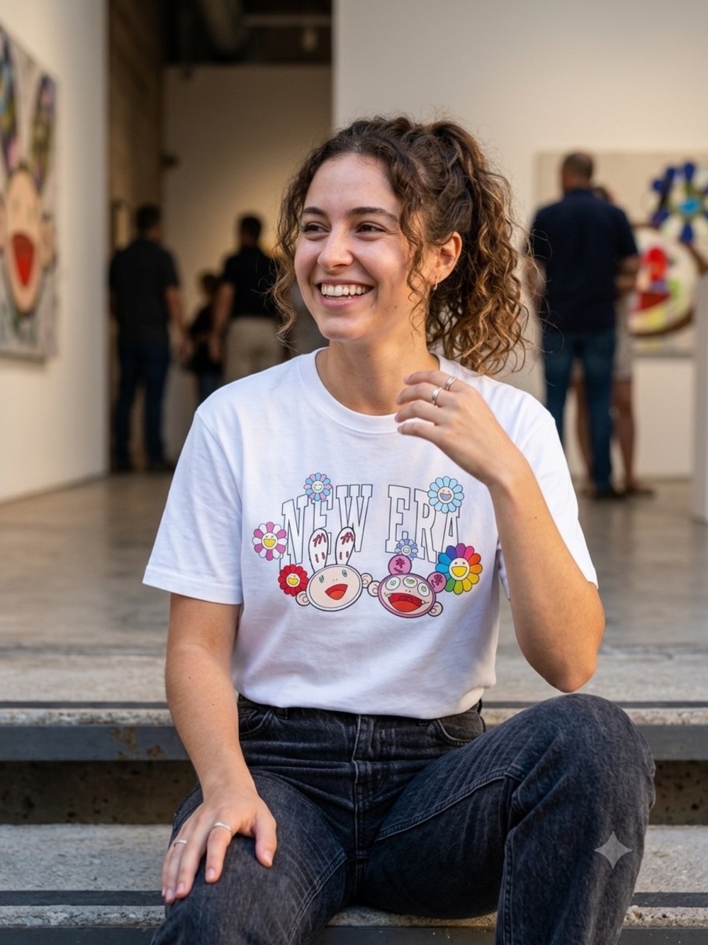 White Graphic Short Sleeve Tee with Colorful Characters